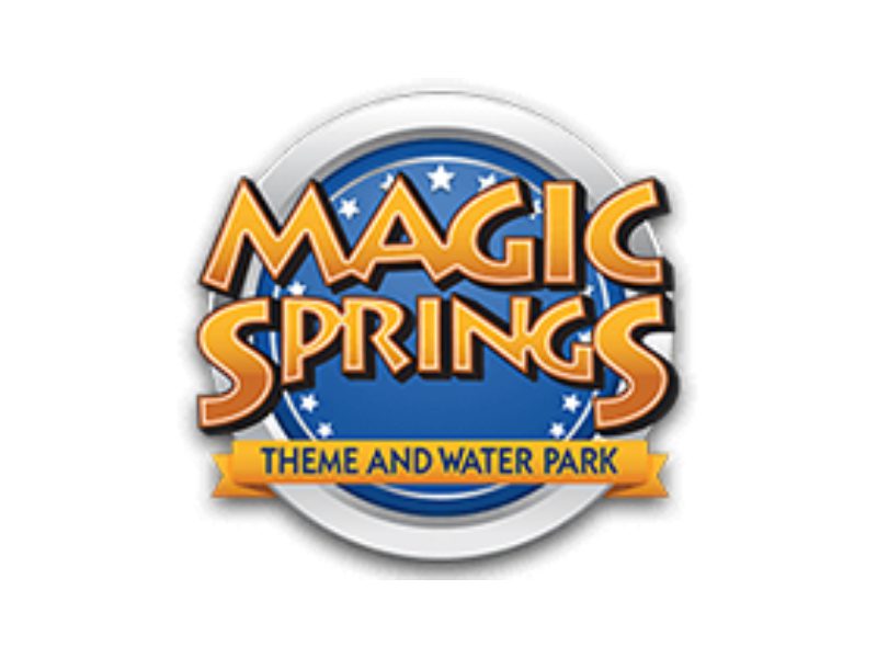 A blue and white logo for magic springs theme park.