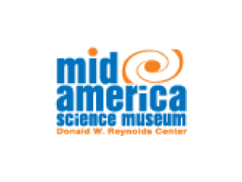 A blue and orange logo for the mid america science museum.
